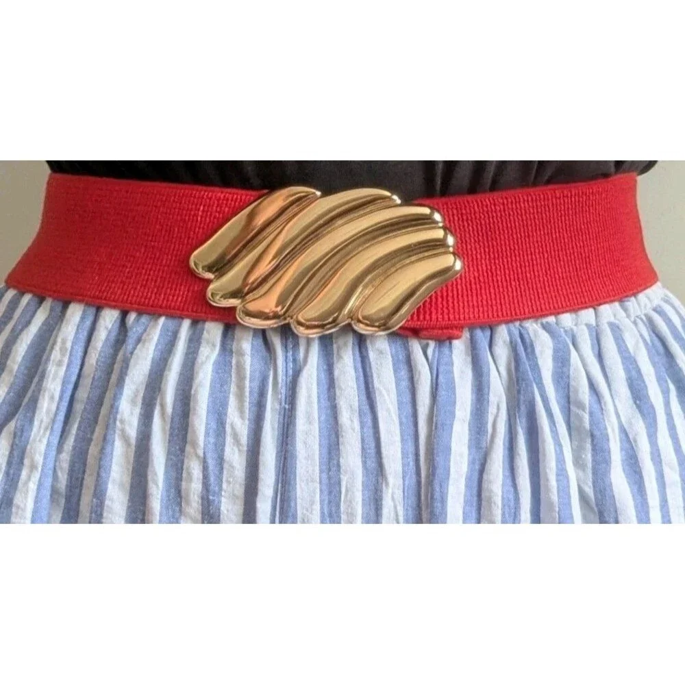 Vintage 80s Red Elastic Statement Belt Goldtone Shiny Shell Buckle Wide Stretch